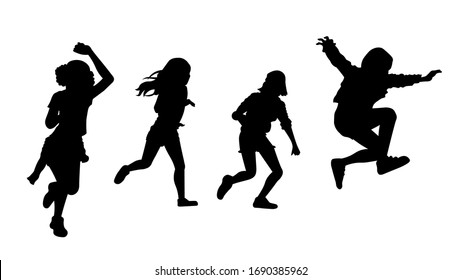 Niños corriendo y saltando ilustración vectorial de silueta. Adolescente activo divirtiéndose aislado sobre fondo blanco.