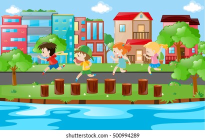 Children running on logs in park illustration