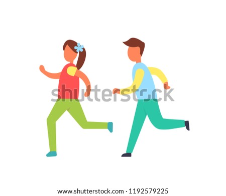 Children running one by another vector badge. Girl and boy shapes in sportswear playing together, flat catching-up kids silhouettes, cartoon style