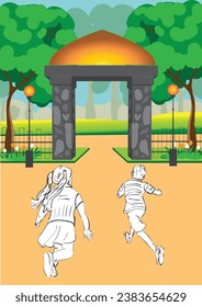 Children running to the park. Day off. They are very happy.