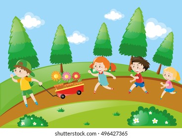 Children running in park at daytime illustration