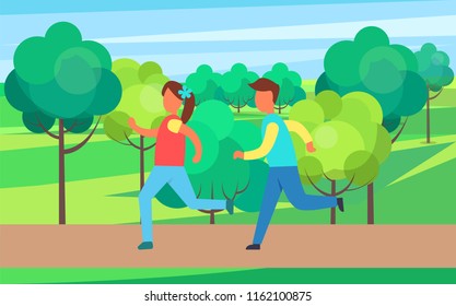 Children running in park set, vector cartoon icon. Boy and girl jogging on road among trees and greens, playing games and training sport theme badges