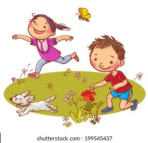 Children running and picking flowers. Summer activities. Children illustration for School books, magazines, advertising and more. Separate Objects. VECTOR.