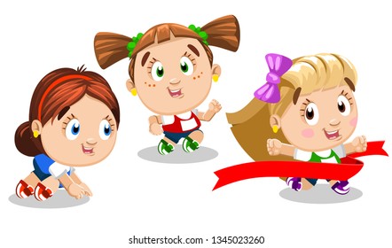Children running a race with one another. Blond girl in sports uniform crossing finishing tape. Concept of children competition, come first, be winner, leader. Cartoon set isolated on white.