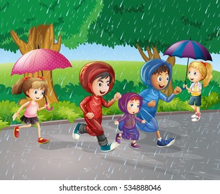 Children running in the rain illustration