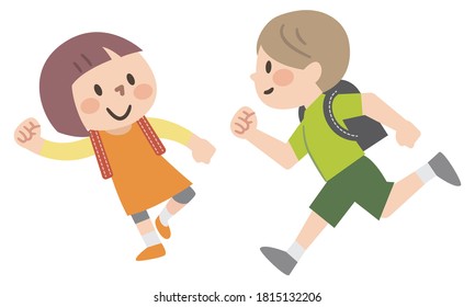 Children running with a school bag on their backs