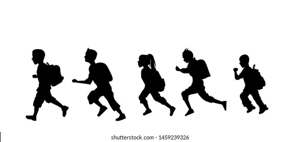 Children Running To School Silhouette. Back To School Concept.