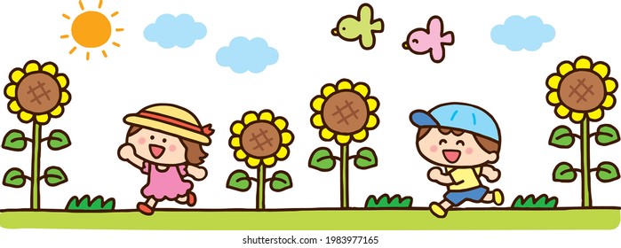 Children running in a sunflower field