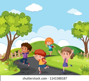 Children Running Through Park Illustration Stock Vector (Royalty Free ...