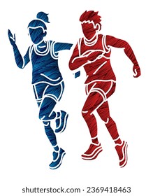 Children Running Together Boy and Girl Cartoon Sport Graphic Vector
