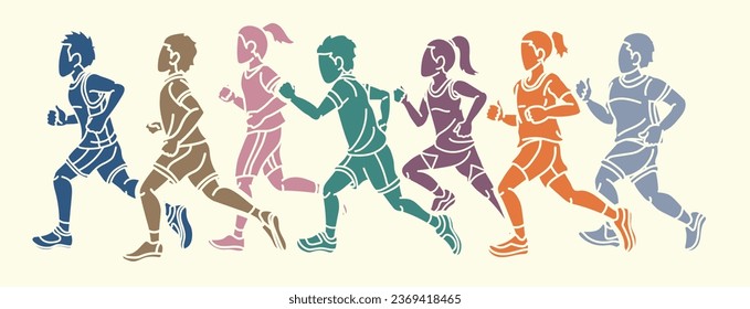 Children Running Together Boy and Girl Cartoon Sport Graphic Vector

