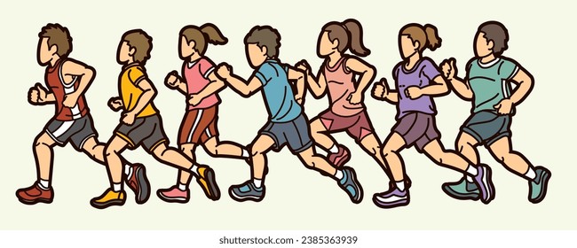 Children Running Together Boy and Girl Start Running Cartoon Sport Graphic Vector