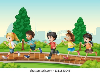 Children Running In Urban Park Illustration