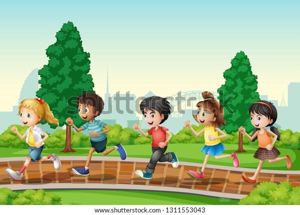 Children Running Urban Park Illustration Stock Vector (Royalty Free ...