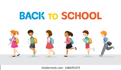 Children Running And Walking Back To School In Row, Educational, Knowledge