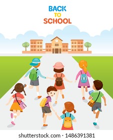 Children Running And Walking Back To School In Back, Educational, Knowledge