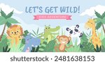 Children s animals background. Cute animals in the jungle. Vector illustration in flat style