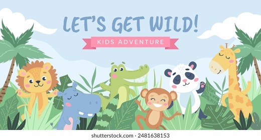 Children s animals background. Cute animals in the jungle. Vector illustration in flat style