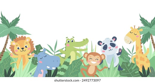 Children s animals background. Cute animals in the jungle on white. Vector illustration in flat style