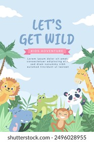 Children s animals background. Cute animals in the jungle. Vector illustration in flat style