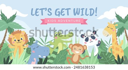 Children s animals background. Cute animals in the jungle. Vector illustration in flat style