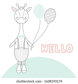 Children s card with a giraffe boy and two balloons and the words hello . A tiny giraffe in a striped jumpsuit, shirt and bow tie. Suitable for postcards, banners and baby pillows.