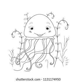 children s coloring book with cartoon animals. Educational tasks for preschool children cute jellyfish