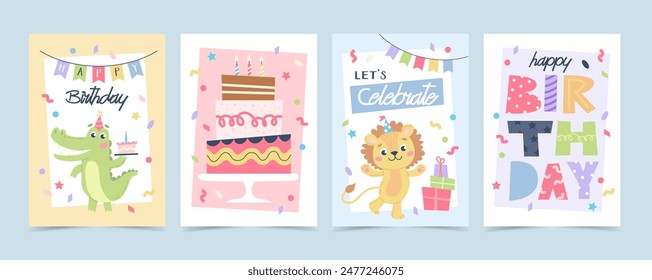 Juego de tarjetas de felicitación para niños. Animales de cumpleaños con torta, sombreros de fiesta y globos. Plantilla de Ilustración vectorial