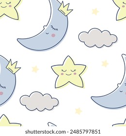 Children s cute pattern with a sleeping moon in a crown, clouds and stars. Childrens cute background for wallpaper, fabric, paper. Pattern for a boy.