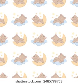 Children s cute pattern with a sleeping little bear on a crescent moon and a cloud. Childrens cute background for wallpaper, fabric, paper.