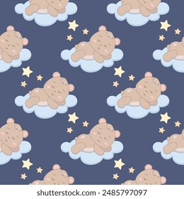 Patrón lindo de los niños con un Pequeño osezno dormido en las nubes. Fondo lindo de los niños para el Fondo de pantalla, papel, tela