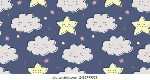 Patrón lindo de los niños con una Pequeña nube durmiente y una estrella. Fondo lindo de los niños para el Fondo de pantalla, tela, papel.