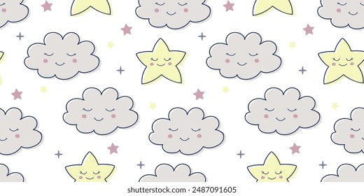 Patrón lindo de los niños con una Pequeña nube durmiente y una estrella. Fondo lindo de los niños para el Fondo de pantalla, tela, papel.