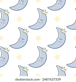 Children s cute pattern with a small sleeping crescent moon in the clouds. Childrens cute background for wallpaper, paper, fabric.