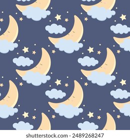 Children s cute pattern with a small sleeping crescent moon in the clouds. Childrens cute background for wallpaper, paper, fabric.