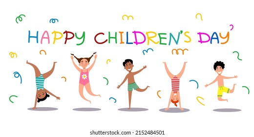 Children s Day card. Cheerful children jump in swimsuits.