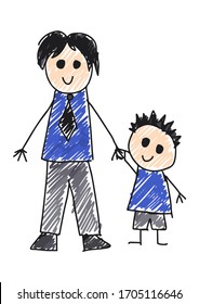 Children s drawing dad and son together. Father s day concept. Isolated on white background