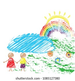 Children s drawing pencil with the image of children and the rainbow. Vector illustration.