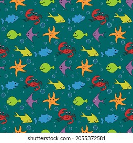 Children s Drawings Fish Crab Starfish Seamless Pattern