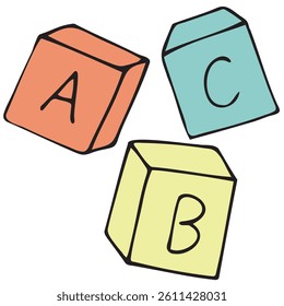 children s educational cubes for playing with the alphabet abc, vector cute colored children s element in doodle style with black outline, delicate colors