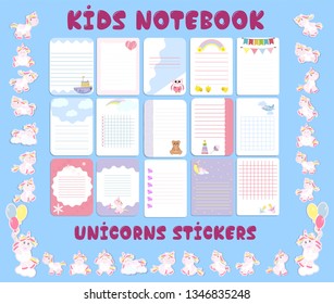 Children s glider with stickers with a cute, gentle, little unicorn. Kids calendar planner, great design for any purposes. Colorful vector set. Design template. Vector flat daily calendar icon.