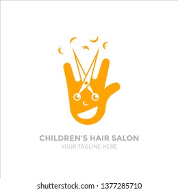 Children s hair salon logo. Funny logo smiling hand and scissors in it
