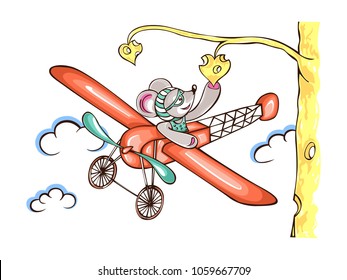 Children s illustration. Character mouse pilot flying on airplane