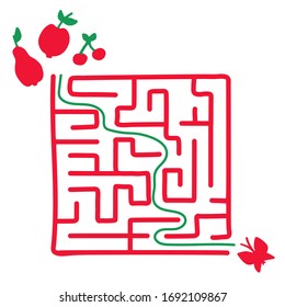 Children s labyrinth. Vector illustration for kids. The butterfly flies to the fruit. Hand-drawn graphic.