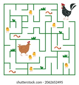 Children s maze game  The rooster is looking for chicken   walks through an intricate maze  Vector cartoon illustration