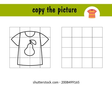 Children s mini-game on paper - draw a T-shirt with a pear. Copy the picture using grid lines, simple toddler game with easy level of play, drawing game for kids