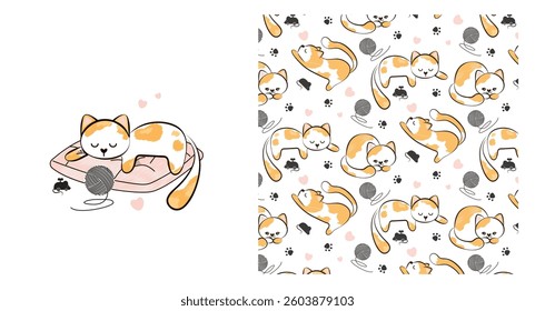 Children s pattern with adorable kitten sleeping on pillow, baby print. Seamless animal background, cute vector texture for baby bedding, fabric, wallpaper, wrapping paper, textile, t-shirt print