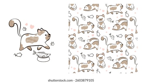 Children s pattern with funny busy kitten, baby print. Seamless animal background, cute vector texture for baby bedding, fabric, wallpaper, wrapping paper, textile, t-shirt print