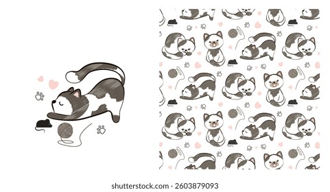 Children s pattern with funny stretchy kitten, baby print. Seamless animal background, cute vector texture for baby bedding, fabric, wallpaper, wrapping paper, textile, t-shirt print