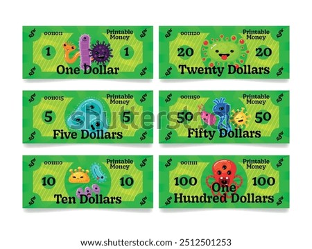 Children s play banknotes feature cartoon viruses and colorful designs suitable for educational play. The different denominations encourage interactive learning about health and hygiene.